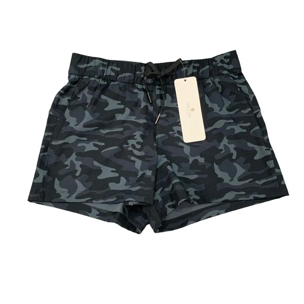 CRZ Yoga Short Womens S Small Black Camo Mid Rise Drawcord Wicking Pockets